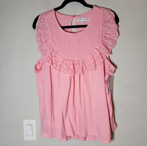 NWT Inner Circle 100% Cotton Pink Smocked Eyelet Sleeveless Top Size XL - Picture 13 of 15
